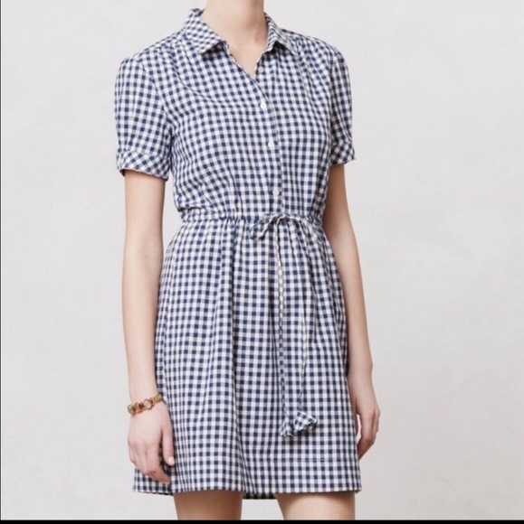 Anthropologie Dresses & Skirts - Anthropologie The Podolls Gingham Plaid Tie Waist Shirt Dress Blue Size Large